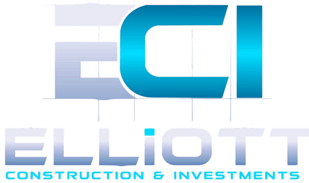 Untitled design (4) Logo of Elliott Construction & Investments, featuring large blue and white letters "ECI" above the full company name. The background has a brick wall pattern.